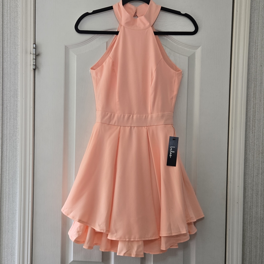 Lulus Dress Rehearsal Bright Peach Skater Dress.